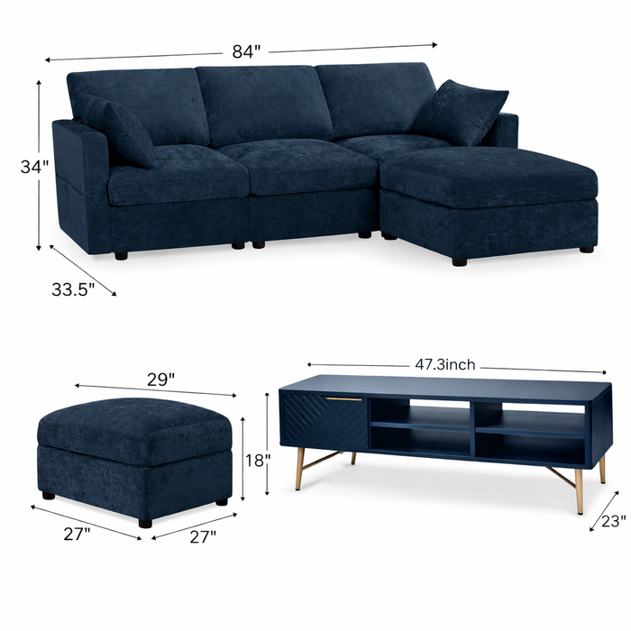 84" L-Shaped Chenille Sectional Sofa with Ottoman and Storage Coffee Table Set Dark Blue