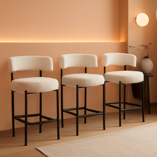 Boucle Bar Stools Set of 3, 24" Modern Counter Stools with Backs, White Upholstered Barstools for Kitchen Island, Bar, Cafe - ShipItFurniture