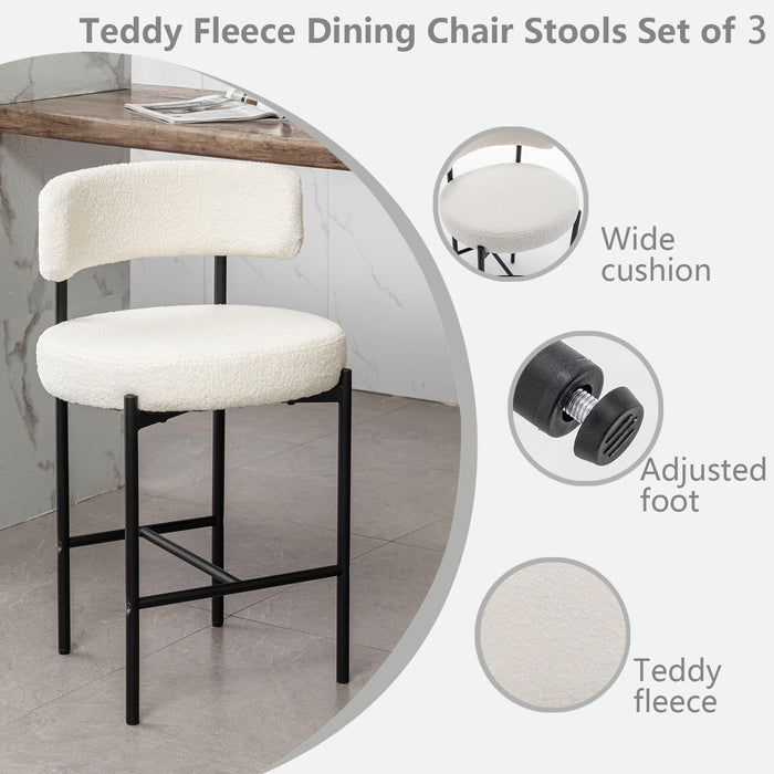 Boucle Bar Stools Set of 3, 24" Modern Counter Stools with Backs, White Upholstered Barstools for Kitchen Island, Bar, Cafe - ShipItFurniture