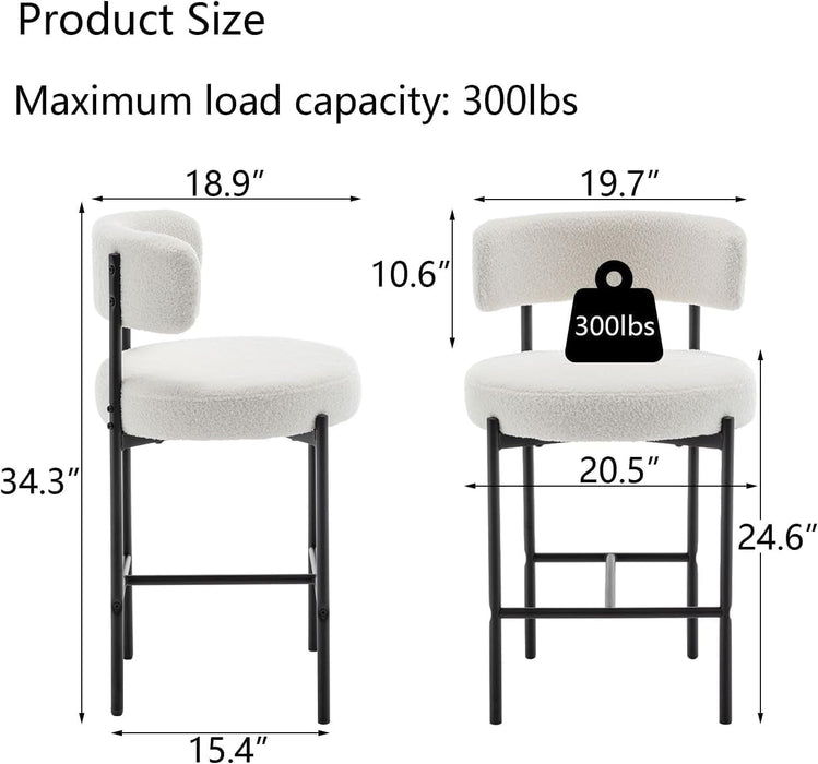 Boucle Bar Stools Set of 3, 24" Modern Counter Stools with Backs, White Upholstered Barstools for Kitchen Island, Bar, Cafe - ShipItFurniture