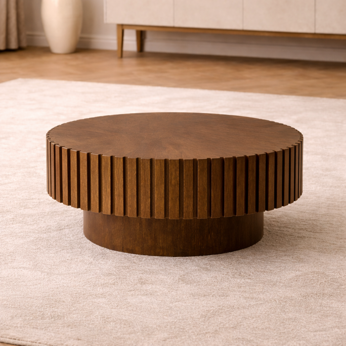 72 Inch Brown Linen L Shaped Sectional Sofa with Ottoman and Round Coffee Table Set
