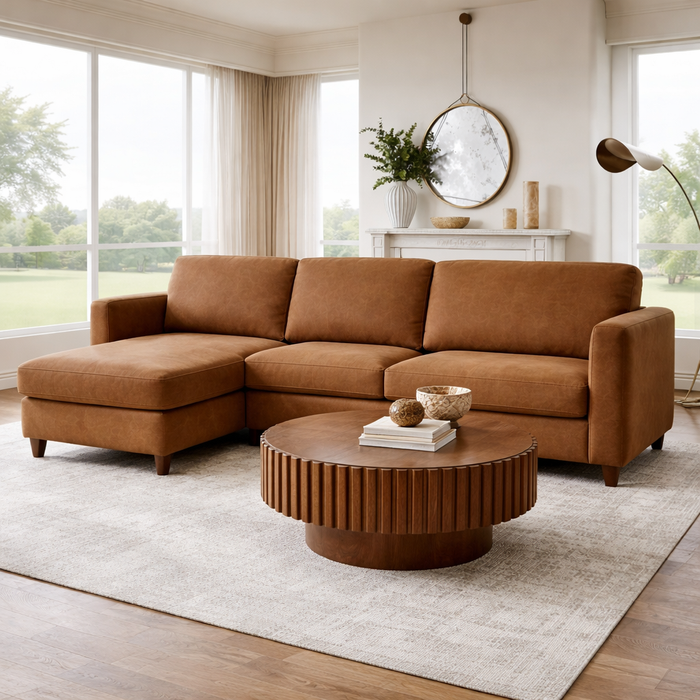 72 Inch Brown Linen L Shaped Sectional Sofa with Ottoman and Round Coffee Table Set