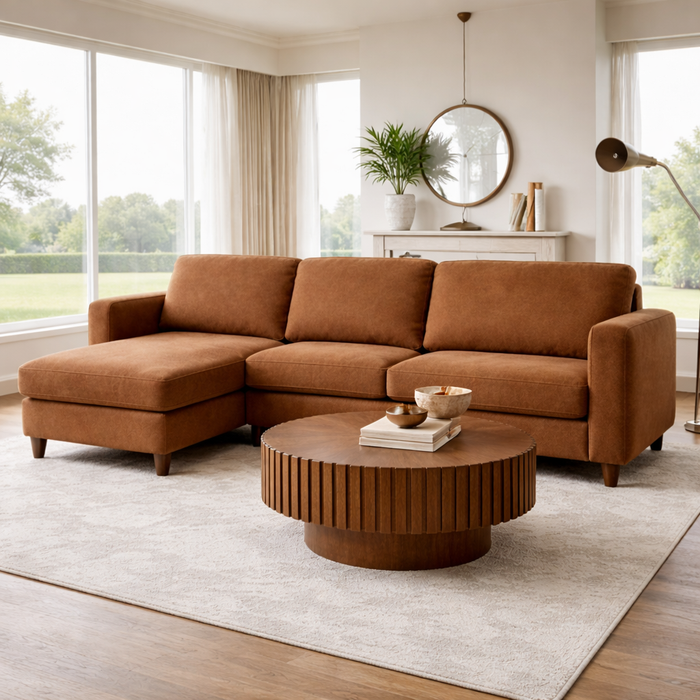 72 Inch Brown Linen L Shaped Sectional Sofa with Ottoman and Round Coffee Table Set