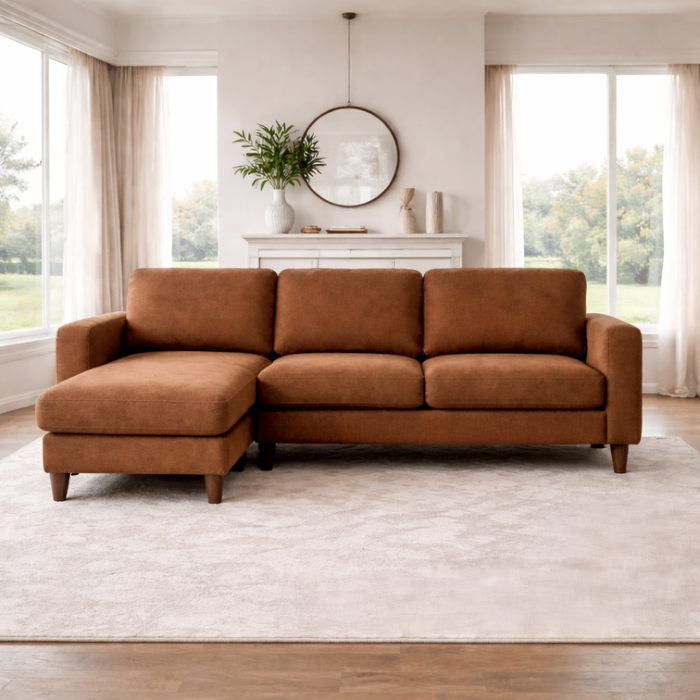 72 Inch Brown Linen L Shaped Sectional Sofa with Ottoman and Round Coffee Table Set