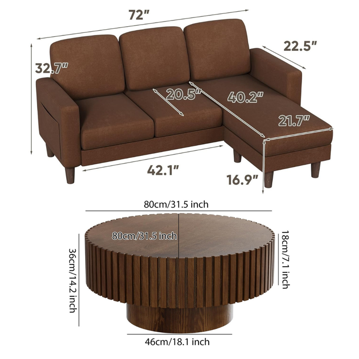 72 Inch Brown Linen L Shaped Sectional Sofa with Ottoman and Round Coffee Table Set