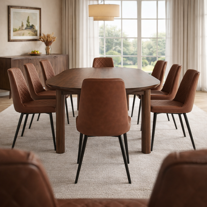 63 Inch Oval Walnut Dining Table Set with 6 Upholstered Chairs for 6 Seating