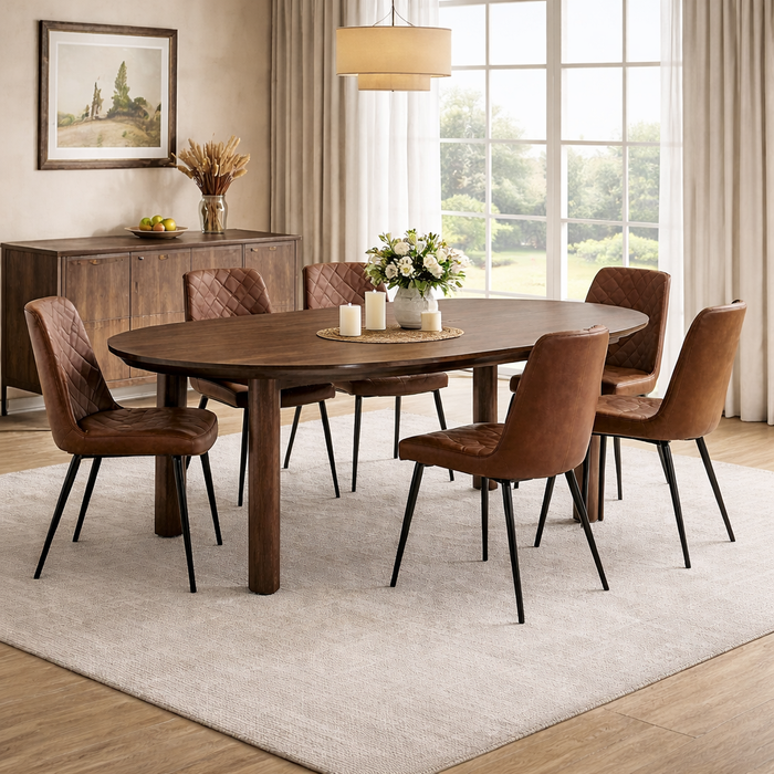 63 Inch Oval Walnut Dining Table Set with 6 Upholstered Chairs for 6 Seating