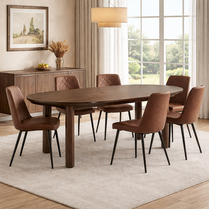 63 Inch Oval Walnut Dining Table Set with 6 Upholstered Chairs for 6 Seating