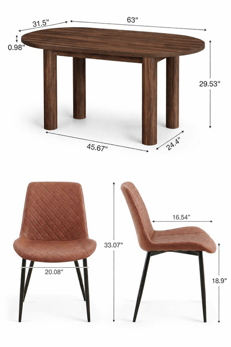 63 Inch Oval Walnut Dining Table Set with 6 Upholstered Chairs for 6 Seating