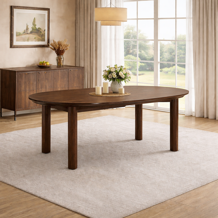 63 Inch Oval Walnut Dining Table Set with 6 Upholstered Chairs for 6 Seating