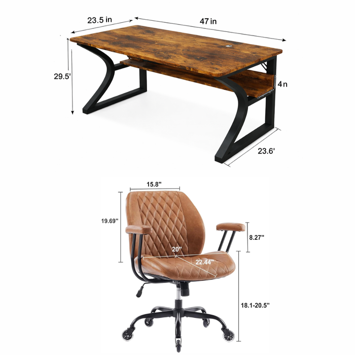 47 Inch Brown Computer Desk with Storage Shelf and Ergonomic Office Chair Set