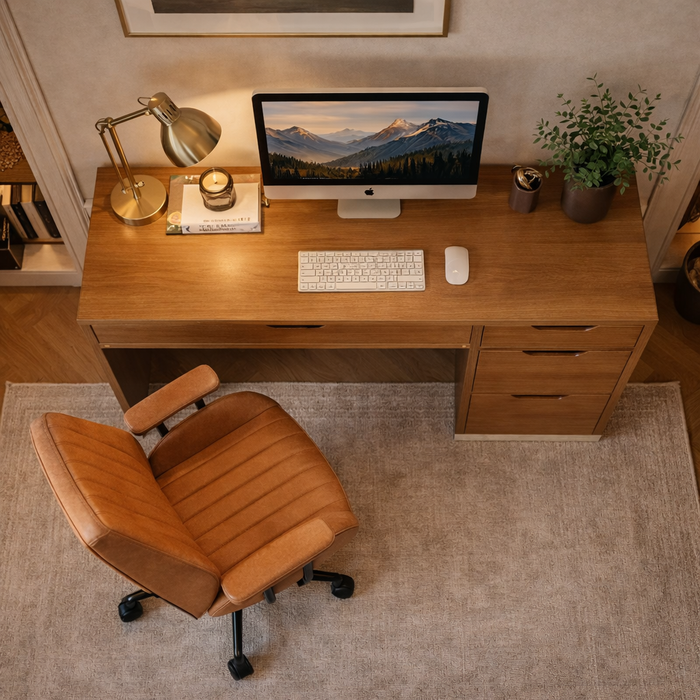 48 Inch Brown Desk with 4 Drawers and Mid Back Ergonomic Office Chair Set