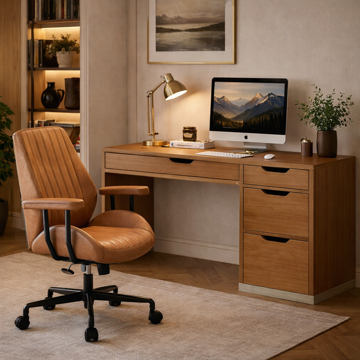 48 Inch Brown Desk with 4 Drawers and Mid Back Ergonomic Office Chair Set