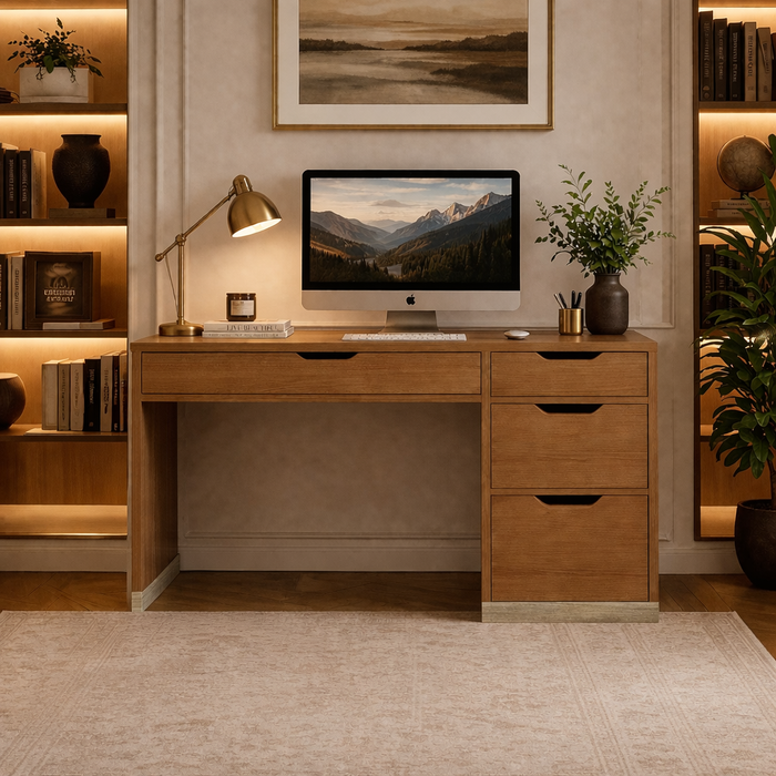 48 Inch Brown Desk with 4 Drawers and Mid Back Ergonomic Office Chair Set