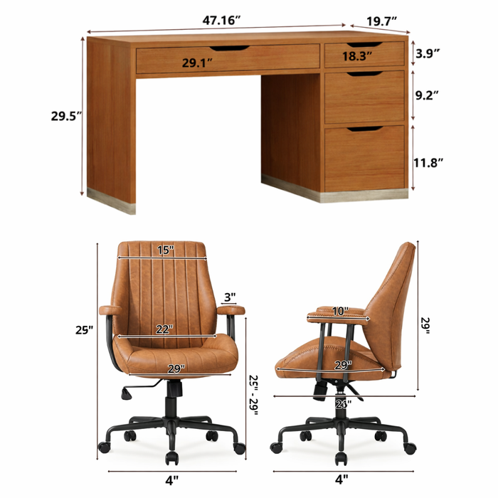 48 Inch Brown Desk with 4 Drawers and Mid Back Ergonomic Office Chair Set
