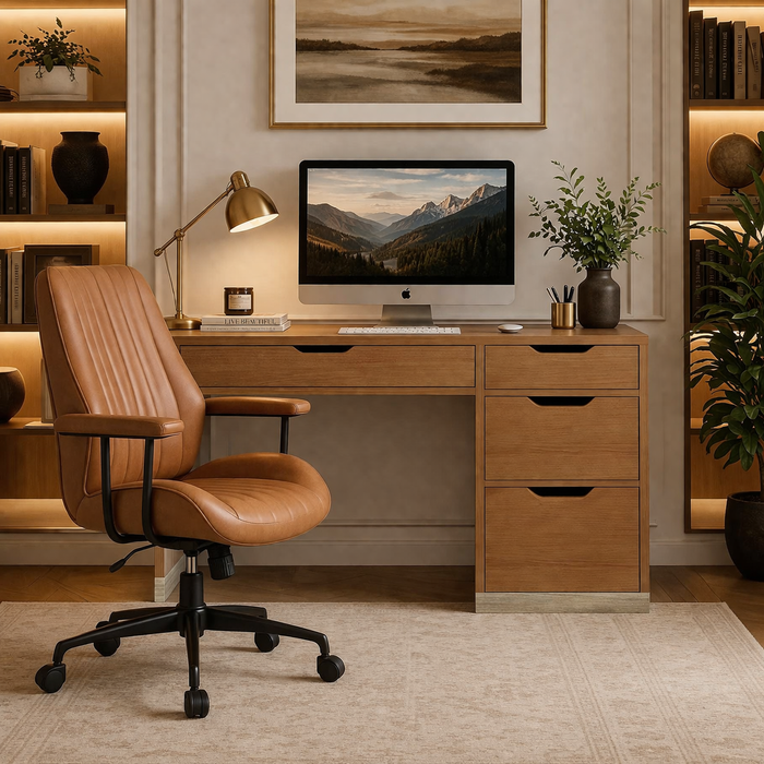 48 Inch Brown Desk with 4 Drawers and Mid Back Ergonomic Office Chair Set