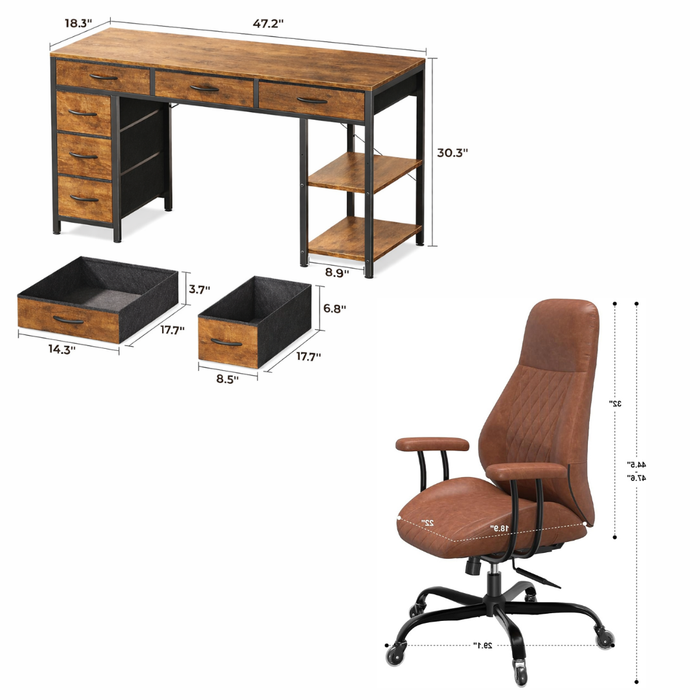 47 Inch Rustic Brown Desk Ergonomic Chair Storage Solution
