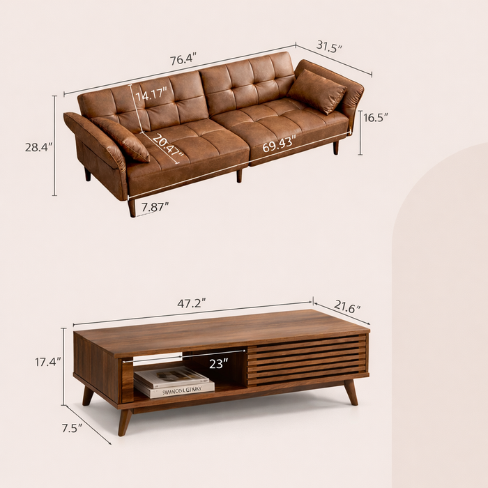 Mid Century Futon Sofa Bed with Walnut Coffee Table Living Room Set