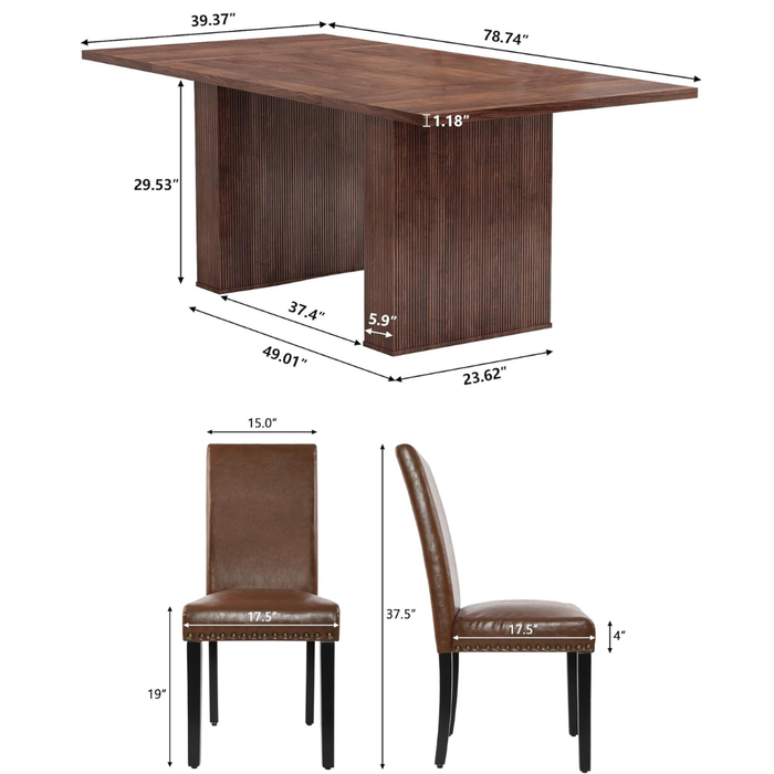 78 Inch Walnut Fluted Dining Table with 6 PU Leather Nailhead Dining Chairs Set