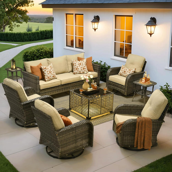 8 Pieces Patio Furniture Set, Outdoor Wicker Sofa Couch with Rocking Swivel Chairs Solar Lights Table, Modern Deep Seat Rattan Conversation Sets for Porch Deck, Beige