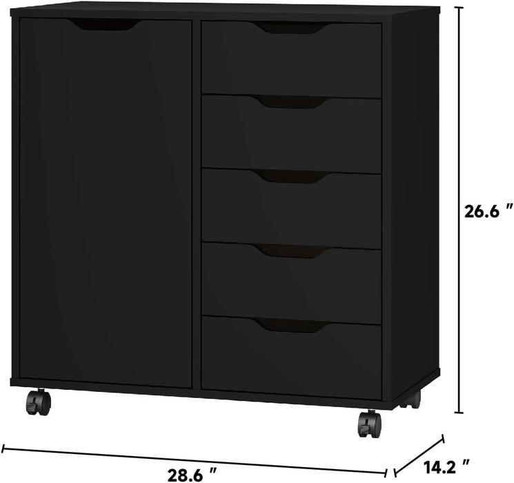 5-Drawer Chest with 1 Door, Wooden Chest of Drawers Storage Dresser Cabinet with Wheels, Office Organization and Storage, Bedroom Furniture (Black-S)