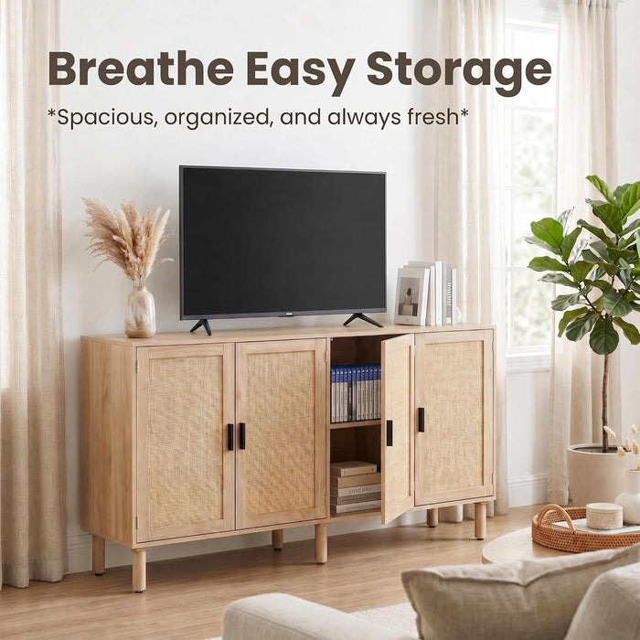 4 Door Sideboard Buffet Cabinet, Kitchen Storage Cabinet with Rattan Decorated Doors, Cupboard Console Table, Boho Accent Liquor Cabinet for Home Bar, 62.3X 15.7X 34.6 Inches, Natural