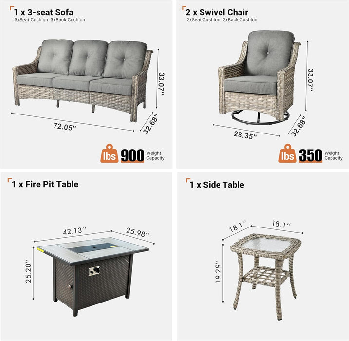 Outdoor 5 Piece Patio Furniture with Fire Pit Table,Wicker Coversation Set with Swivel Rocking Chair,Comfy Sectional Deep Sofa for outside Porch Balcony Backyard Pool,Dark Grey