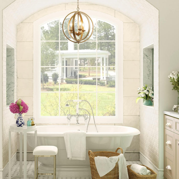Gilded Orbital Chandelier Three Light Pendant Fixture