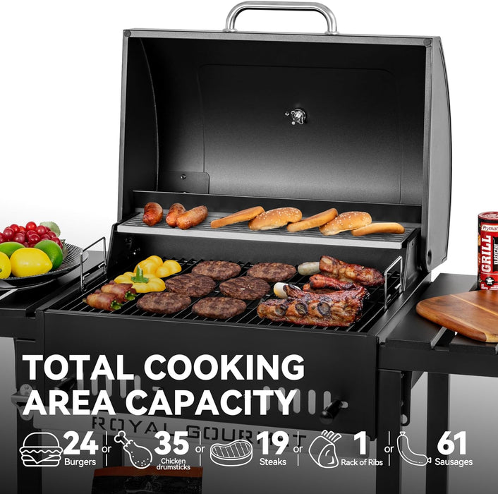 24-Inch Movable Charcoal BBQ Grill with Foldable Side Shelves, Temperature-Controlled, 461 Sq., Ideal for Backyard Party, Outdoor Picnic, Patio Cooking, Garden Grilling, Black