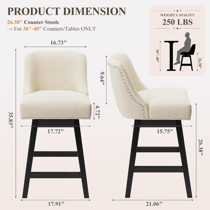 27" Swivel Bar Stools Set of 2, Upholstered Barstools with Padded Seats and Solid Wood Legs, Counter Height Kitchen Stools for Kitchen Island, Breakfast Nook, Beige