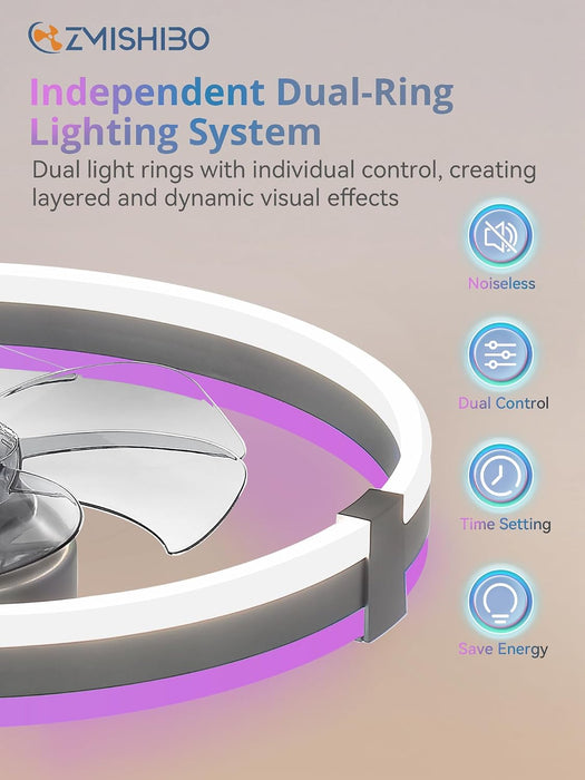 20" RGB Low Profile Ceiling Fans with Lights and Remote, Grey
