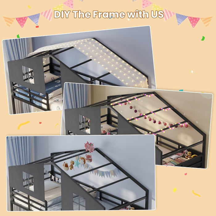 Black CommercialGrade Triple Bunk Bed HouseShaped LED