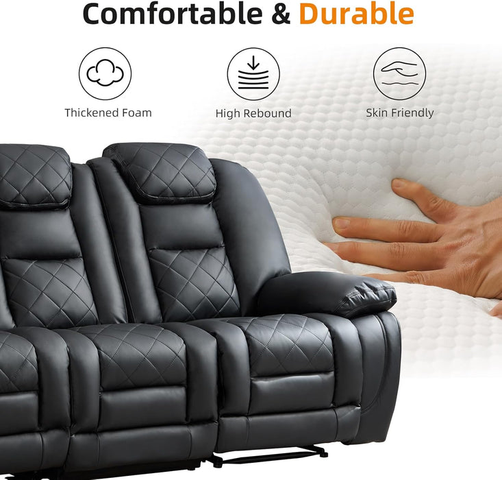 Faux Leather Power Reclining Sofa, Electric 3 Seat Recliner Sofa Chair with USB and Type-C Charging Ports, Overstuffed Armrest and Backrest, Couch Furniture for Living Room, Black