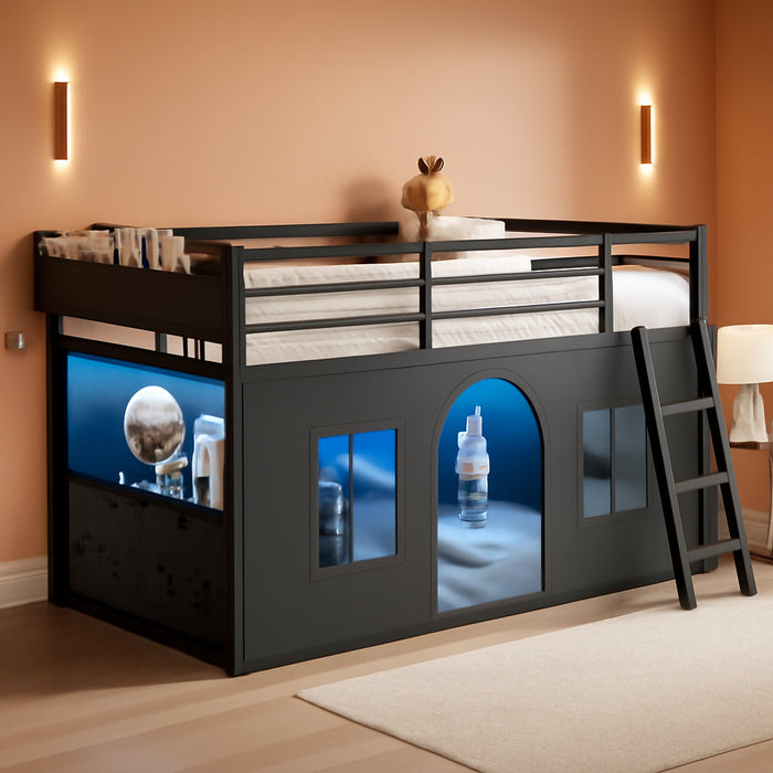 Low Loft Bed Twin Size with Tent, 5 Storage Drawers, LED Lights, Metal Kids Loft Bed with Bookcase & Under-Bed Play Space,Twin Loft Beds with 13.8''H Safety Guardrail,Inclined Ladder, Black