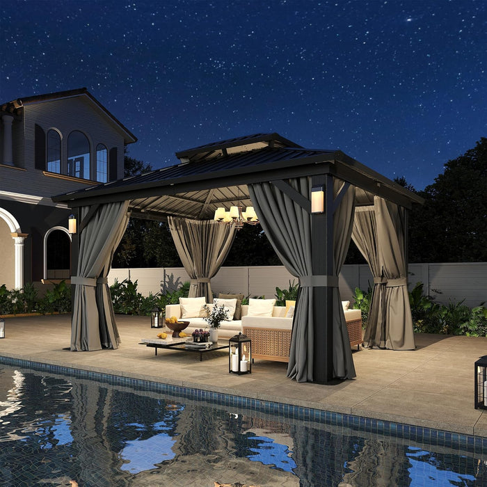 10'X12' Hardtop Gazebo with 4 LED Lights, Outdoor Gazebo with Galvanized Steel Double Roof, Patio Gazebo with Breathable Netting & Privacy Curtain, Decor Hooks for Backyard, Gray