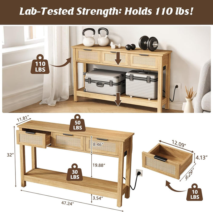 Rattan Entryway Table with 4-Port Charging Station (2 AC Outlets + USB/USB-C), 3 Drawers Storage & Open Shelf, behind Couch Console Sofa Table for Hallway, Foyer - Natural Weave & Oak, 47 Inch