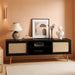 TV Stand for Tvs up to 65'', Entertainment Center with Rattan Door, Shelves & 2 Cabinets, Boho Media TV Console for Living Room, Bedroom, Black