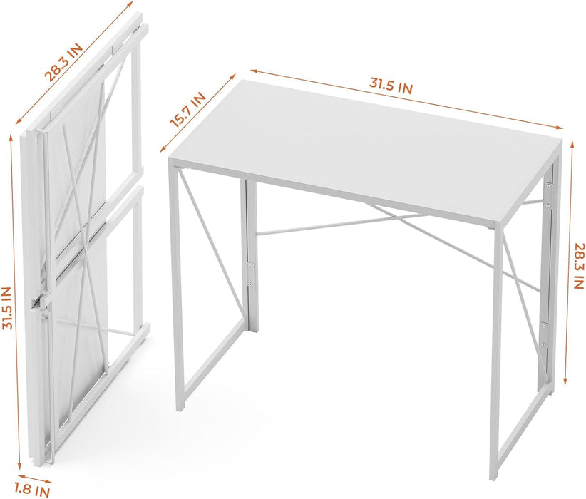 Small Folding Desk 31.5 Inch White Desks, No Assembly Required Computer Desk Spaces Saving Foldable Table for Bedroom, Home Office, Dorm, Apartment, Kids