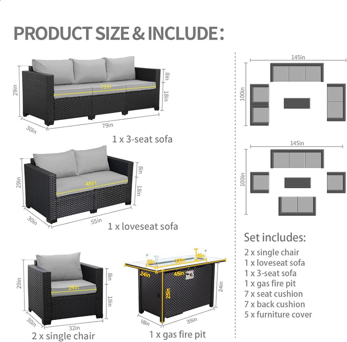 5 Pcs Outdoor Furniture Sets Patio Furniture Set with 45" Fire Pit Patio Couch Outdoor Chairs 60000 BTU Steel Propane Fire Pit Table No-Slip Cushions and Waterproof Covers, Light Grey