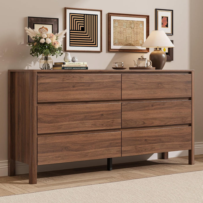Walnut 6 Drawer Dresser for Bedroom, 55"Wide Modern Wood Dresser