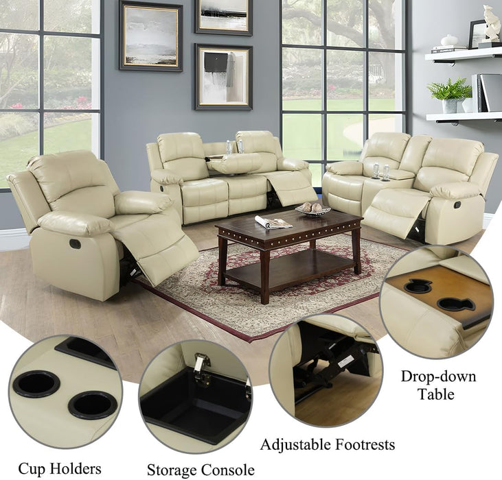 Beige Recliner Sofa Set 3PCS Manual Reclining Sofa Living Room Furniture Sets Contempary Bonded Leather Reclining Couch Set with Cup Holder/Storage Console for Home/Office (Beige, 3PCS Set)