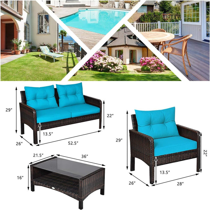 4-Piece Patio Furniture Set Outdoor Rattan Wicker Conversation Set with Coffee Table, Sectional Sofa Bistro Set with Cushions for Garden Poolside Backyard