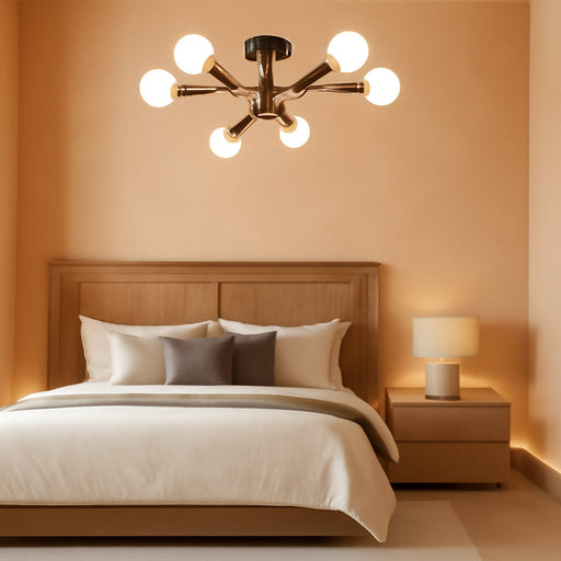 Modern Sputnik Chandelier, 6-Light Farmhouse Semi Flush Mount Ceiling Light Fixtures, Industrial Chandeliers for Dining Room Kitchen Bedroom Living Room Hall Foyer Entryway (Black and Gold) - E26 Base