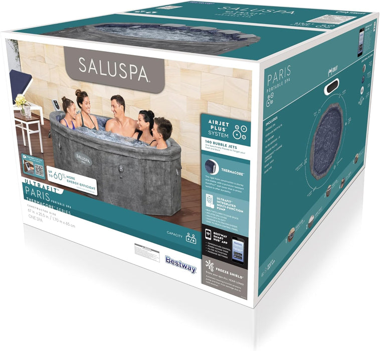 Saluspa Paris Thermacore Ultrafit Smart Airjet Rigid Foam Hot Tub Spa (67" X 25.5") | Fits up to 4-6 Persons | Grey Marble