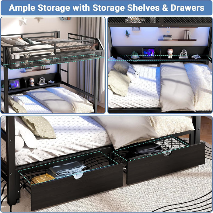 Queen Over Queen Metal Bunk Bed USBChargingPortsAndLED