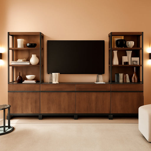 Modern TV Stand with 3 Tiers Bookshelf, Farmhouse Entertainment Center with 4 Large Storage Cabinets and Adjustable Shelf, Wooden Media TV Console with Black Metal Leg for Living Room, Brown