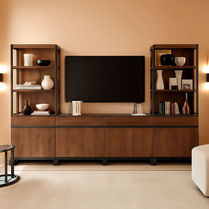 Modern TV Stand with 3 Tiers Bookshelf, Farmhouse Entertainment Center with 4 Large Storage Cabinets and Adjustable Shelf, Wooden Media TV Console with Black Metal Leg for Living Room, Brown