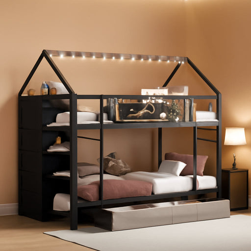Bunk Bed Twin over Twin with Storage Drawers and Globe String Lights House Shaped Low Bunk Bed with Montessori Bookshelf Metal Bunk Beds for Kids with Ladder and Guardrail,Space Saving, Black