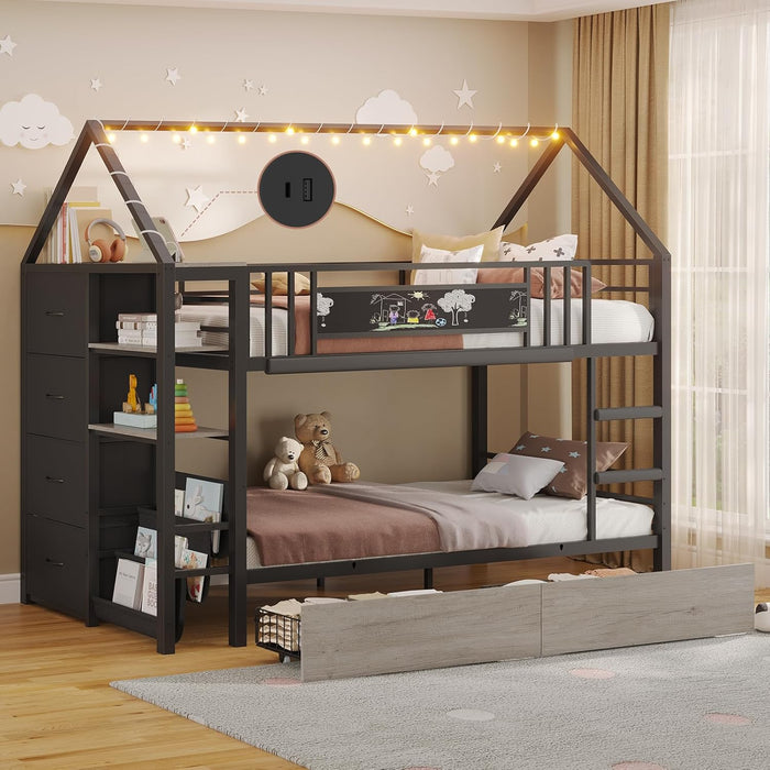 Bunk Bed Twin over Twin with Storage Drawers and Globe String Lights House Shaped Low Bunk Bed with Montessori Bookshelf Metal Bunk Beds for Kids with Ladder and Guardrail,Space Saving, Black