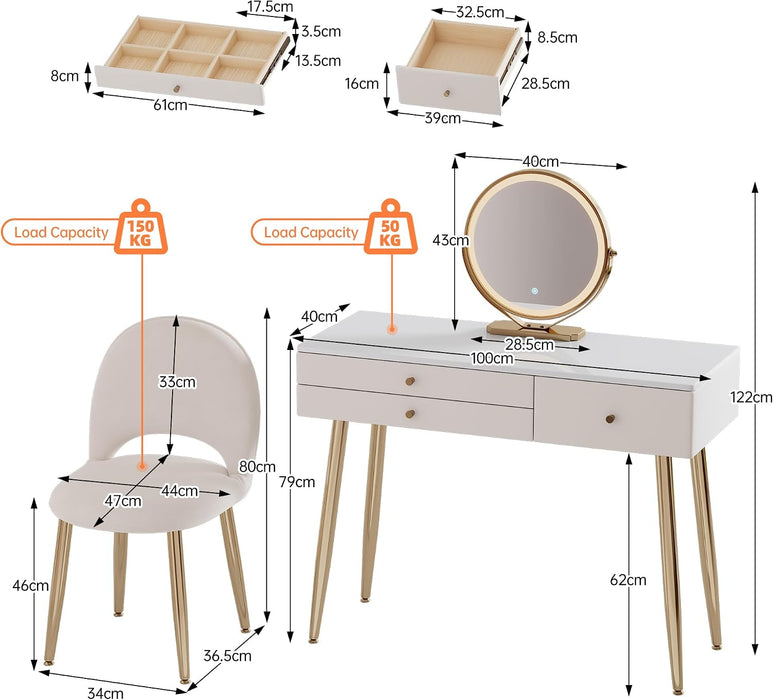 Vanity Desk with Mirror and Lights| 39" Beige Modern Makeup Vanity Set with Drawers & Adjustable Chair| White and Gold Dressing Table for Small Spaces & Bedroom